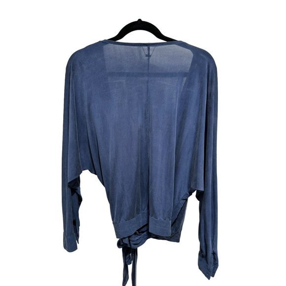 YFB Womens Large Top Blouse Blue V Neck Wrap Woven L/S Collar Cupro Spandex - Picture 7 of 9